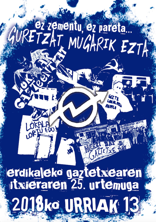 Erdikaleko Gaztetxearen itxieraren 25. urtemuga oroitzeko eguna izango da urriaren 13a