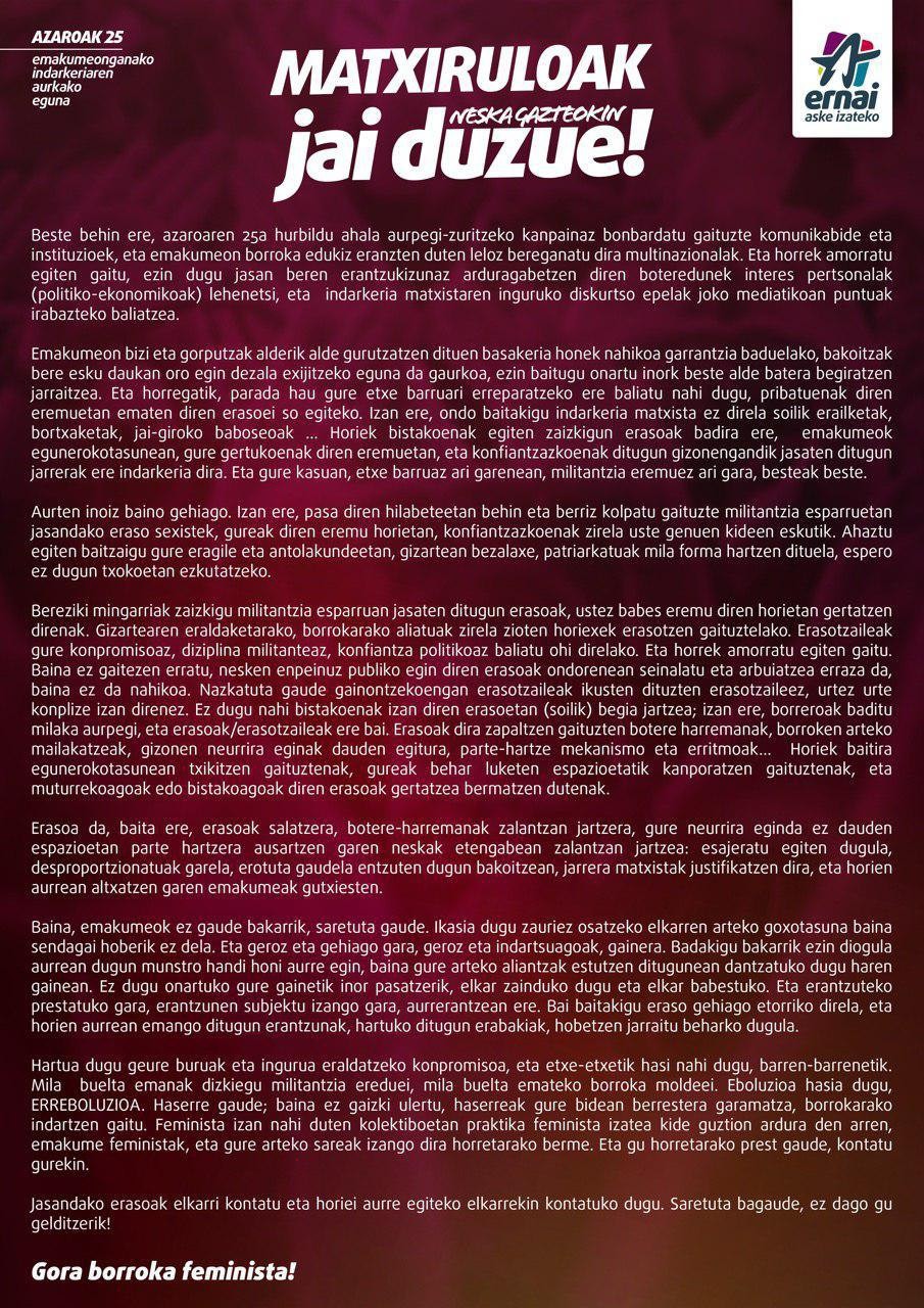 Ernairen oharra, Emakumeenganako Indarkeriaren Aurkako Egunaren harira