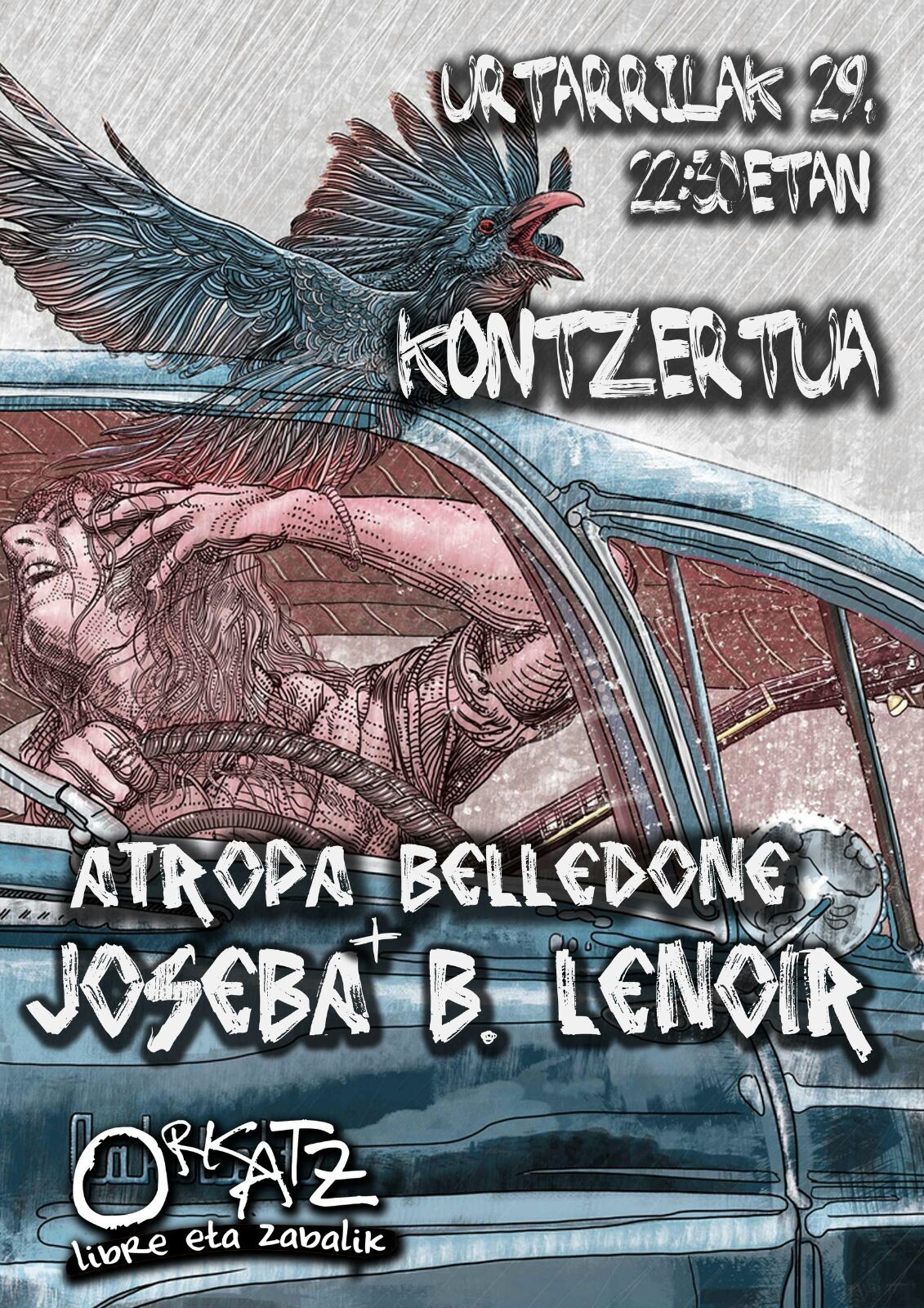 Atropa Belledone eta Joseba B.Lenoir taldeen kontzertuak bihar, Orkatzen