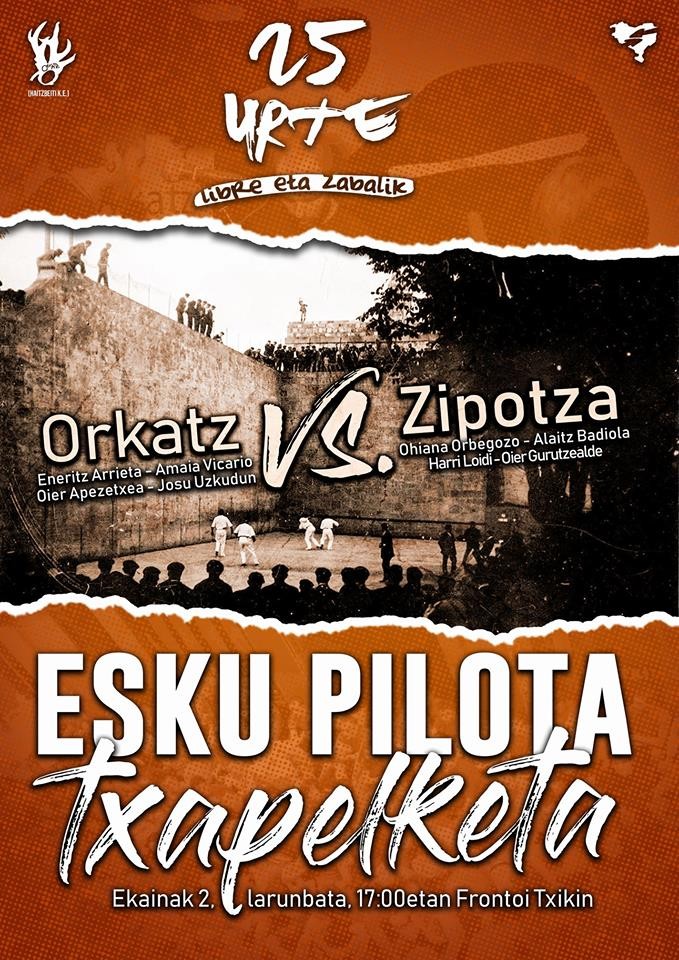 Orkatzek eta Zipotza kultur elkarteak erronka jokatuko dute bihar Frontoi Txikian