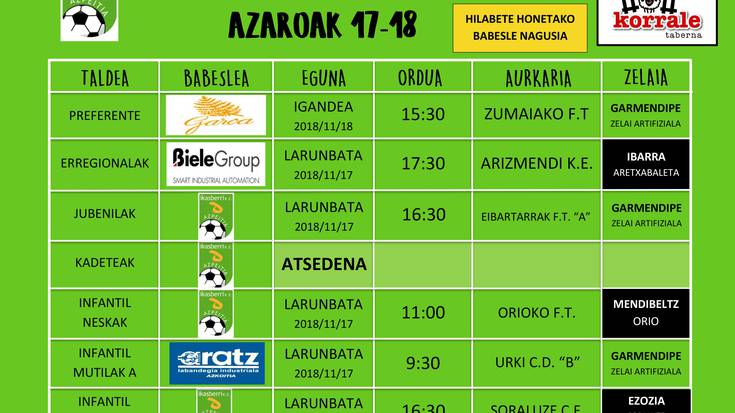 Asteburuko partiden ordutegia