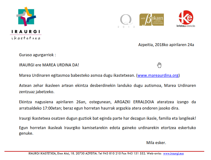 Iraurgi Ikastetxeak Marea Urdina-ri babesa ...
