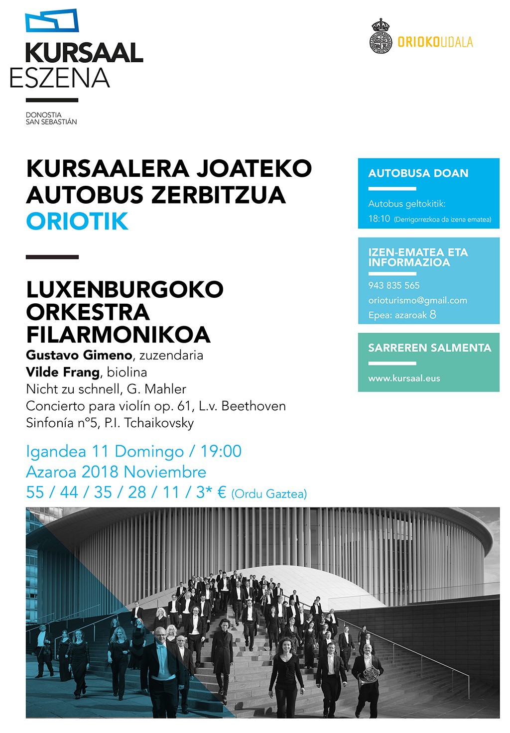  Luxenburgoko orkestra filarmonikoak azaroaren 11n joko du Kursaalen eta autobusa izango da doan Oriotik joan nahi dutenentzat 
