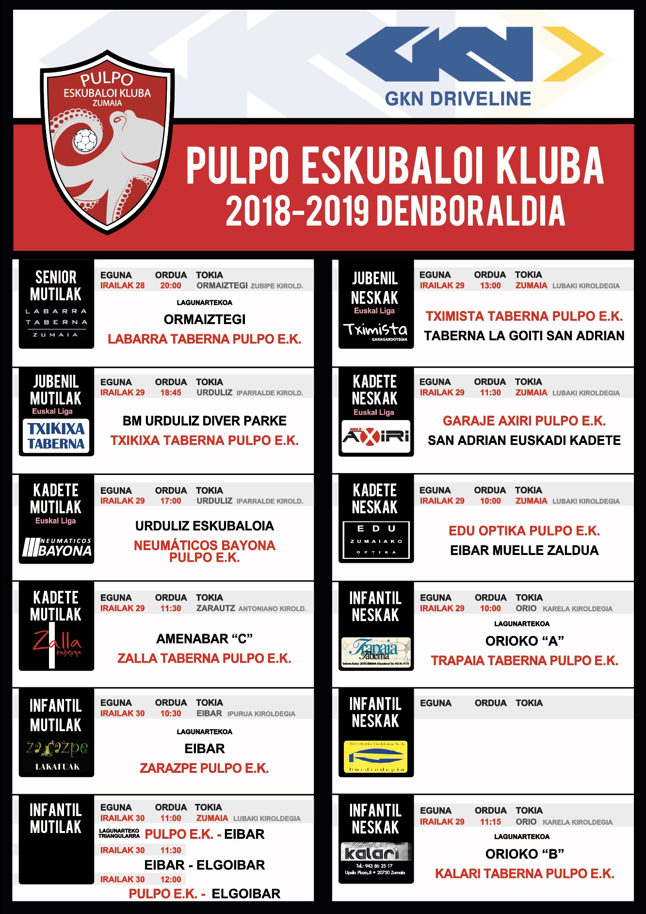 Pulpo Eskubaloiko partiduen ordutegia. Irailak 29-30