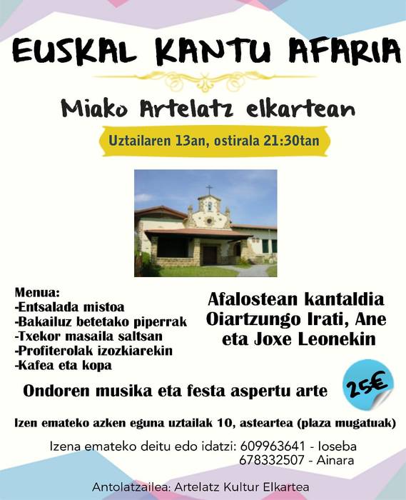 Euskal kantu afaria antolatu dute Meagan hilaren 13rako