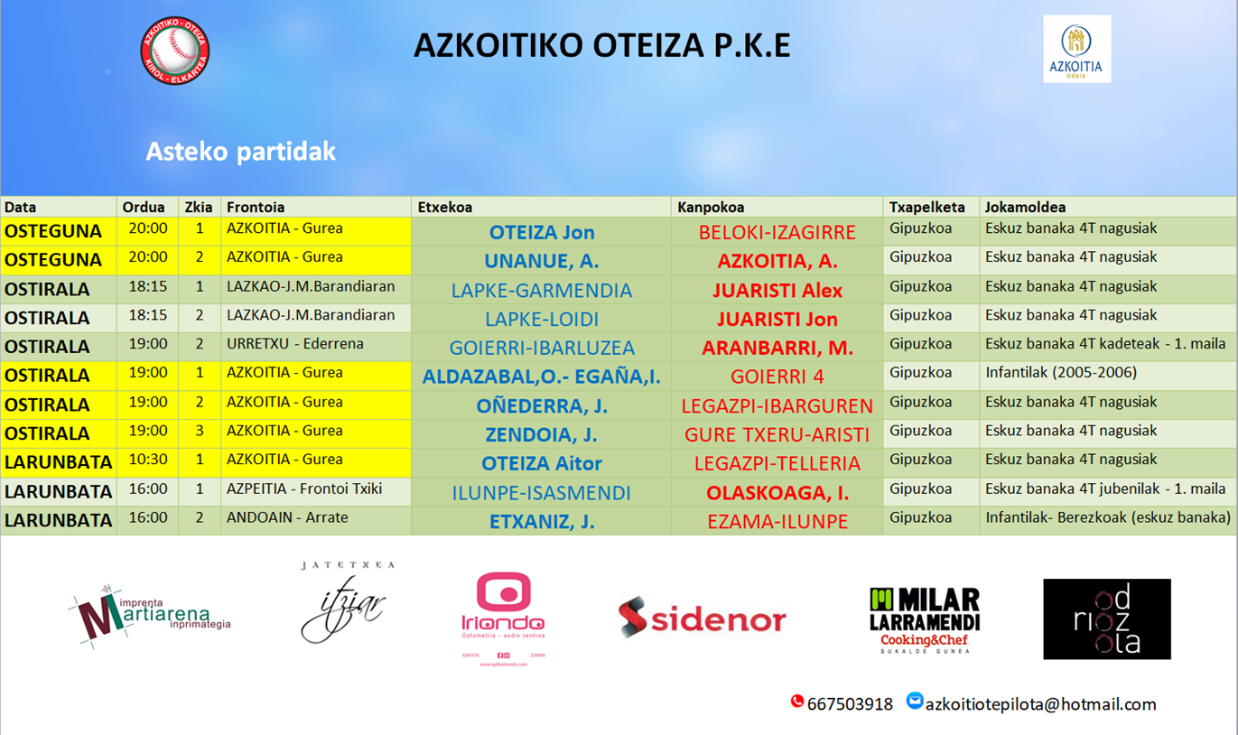 Pilota partiden ordutegiak