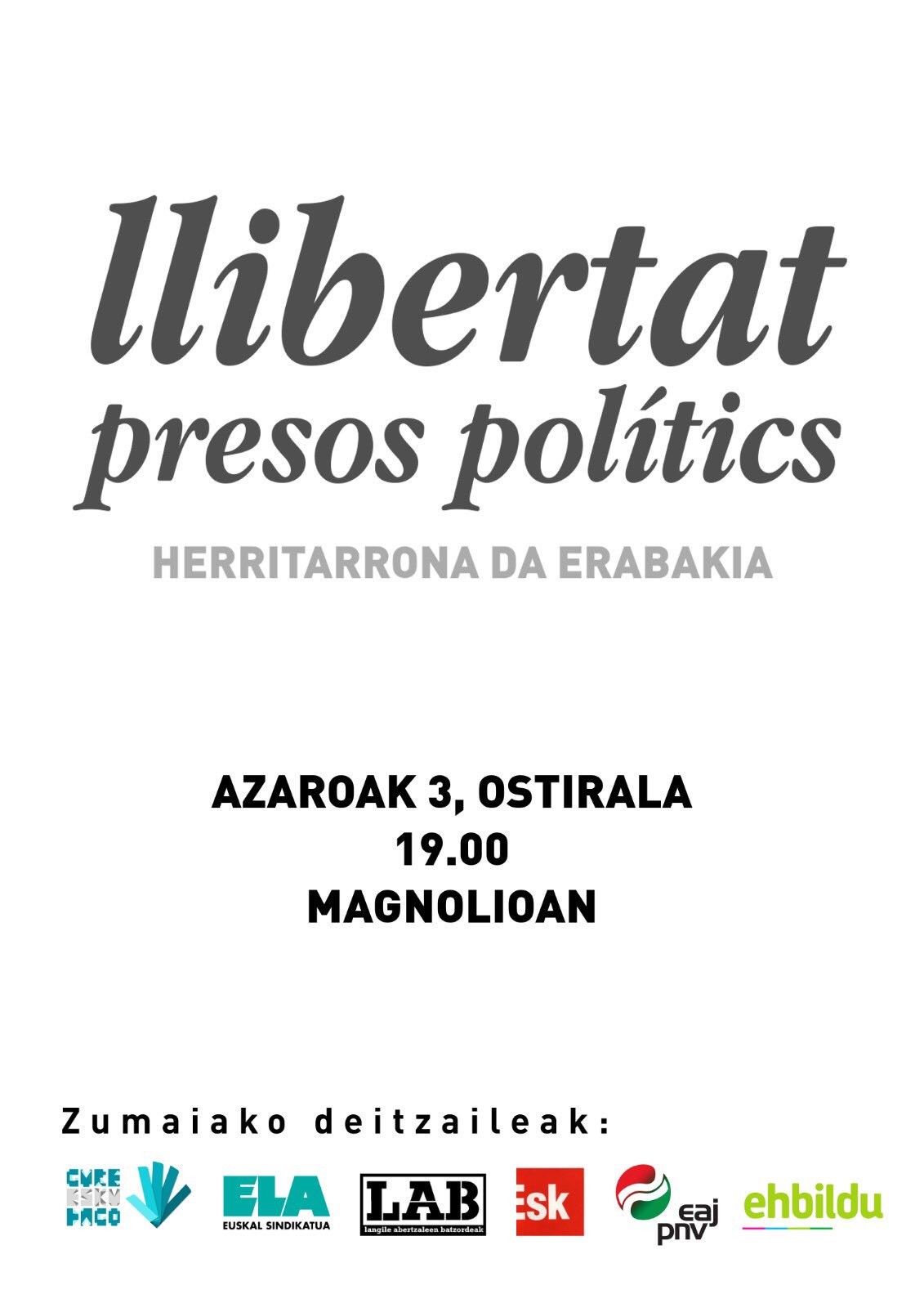 Preso politikoak askatzea eskatzeko ekitaldia egingo da arratsaldean