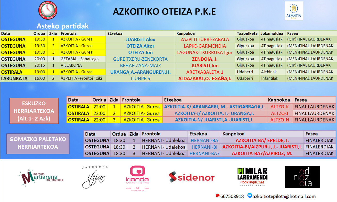 Aste honetako pilota partiden ordutegiak