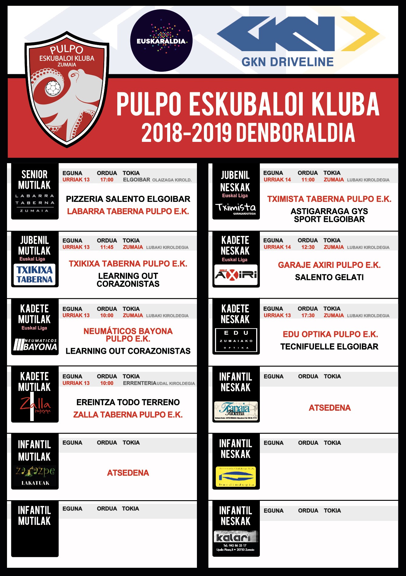 Pulpo Eskubaloiko partiduen ordutegia
