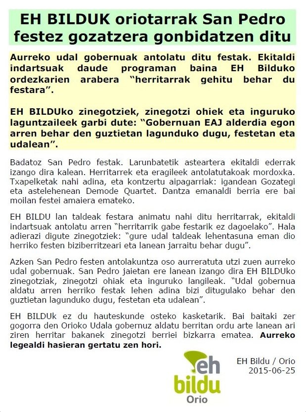 EH BILDUK oriotarrak San Pedro festez gozatzera go