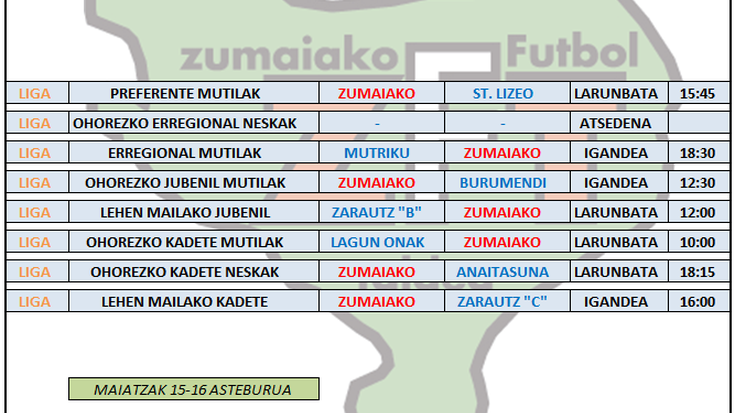 Asteburu honetako futbol partiden ordutegia