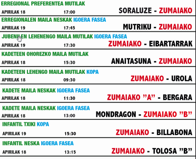 APIRILAREN 18 ETA 19KO PARTIDUEN ORDUTEGIAK