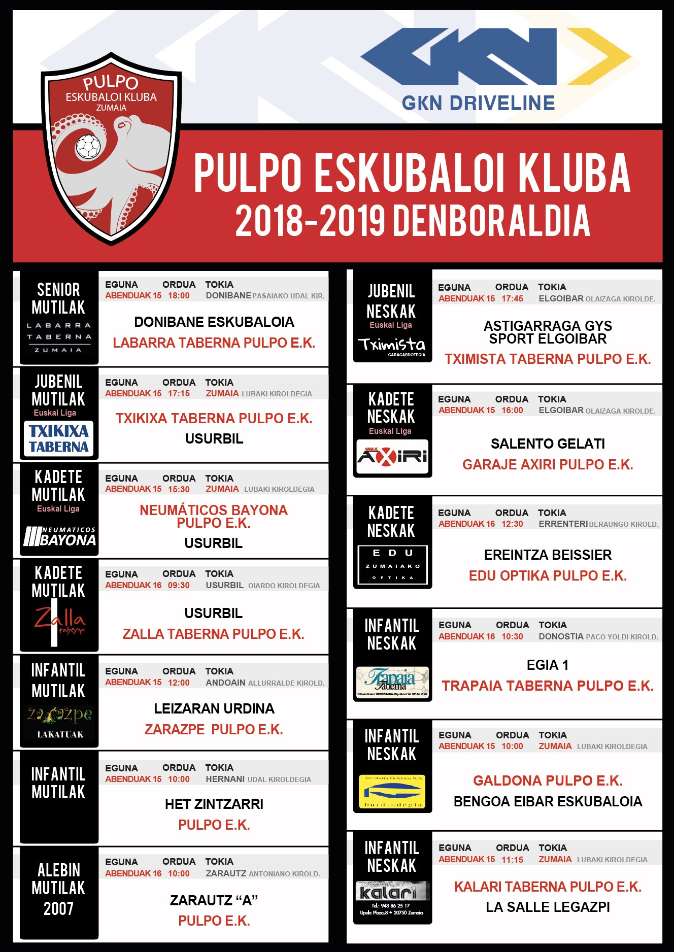Pulpo Eskubaloiko partiduen ordutegia