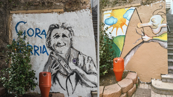 Beste bi mural margotu dituzte Erribera kalean, baita estali ere