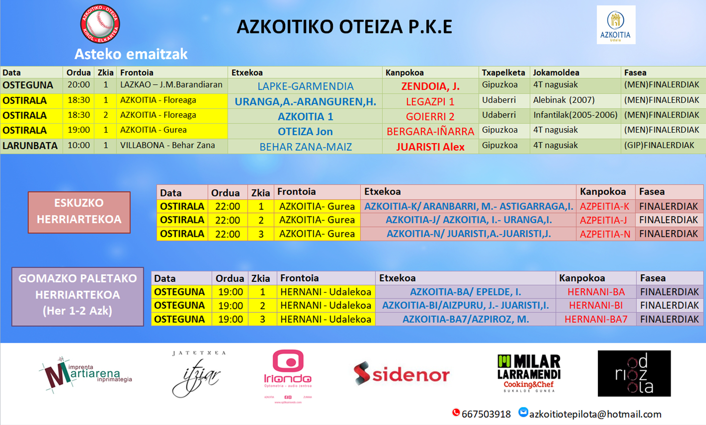 Aste honetako pilota partiden ordutegiak