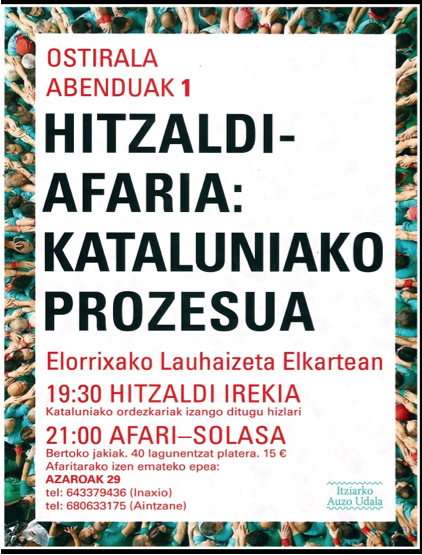 Kataluniako prozesuari buruzko hitzaldi-afaria Elorriagan