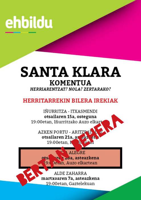 Vista Alegren aurreikusita zeukaten bilera irekia bertan behera utzi du EH Bilduk