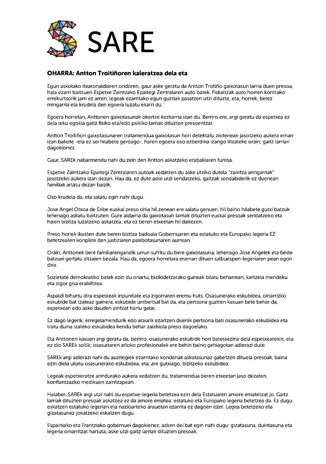 Oharra Antton Troitiñoren kaleratzea dela eta