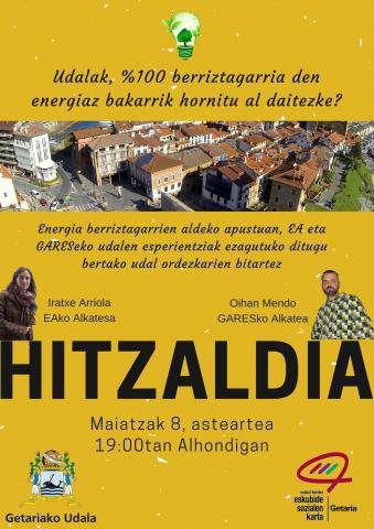Energia berriztagarrien inguruko hitzaldia antolatu dute Getariako Udalak eta Eskubide Sozialen Kartak