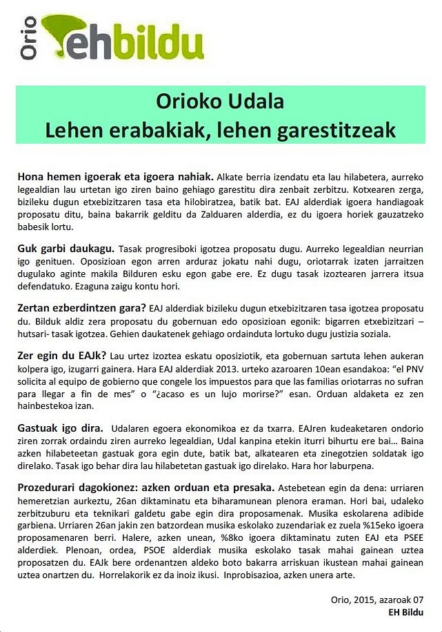Orioko Udala. Lehen erabakiak, lehen garestitzeak.