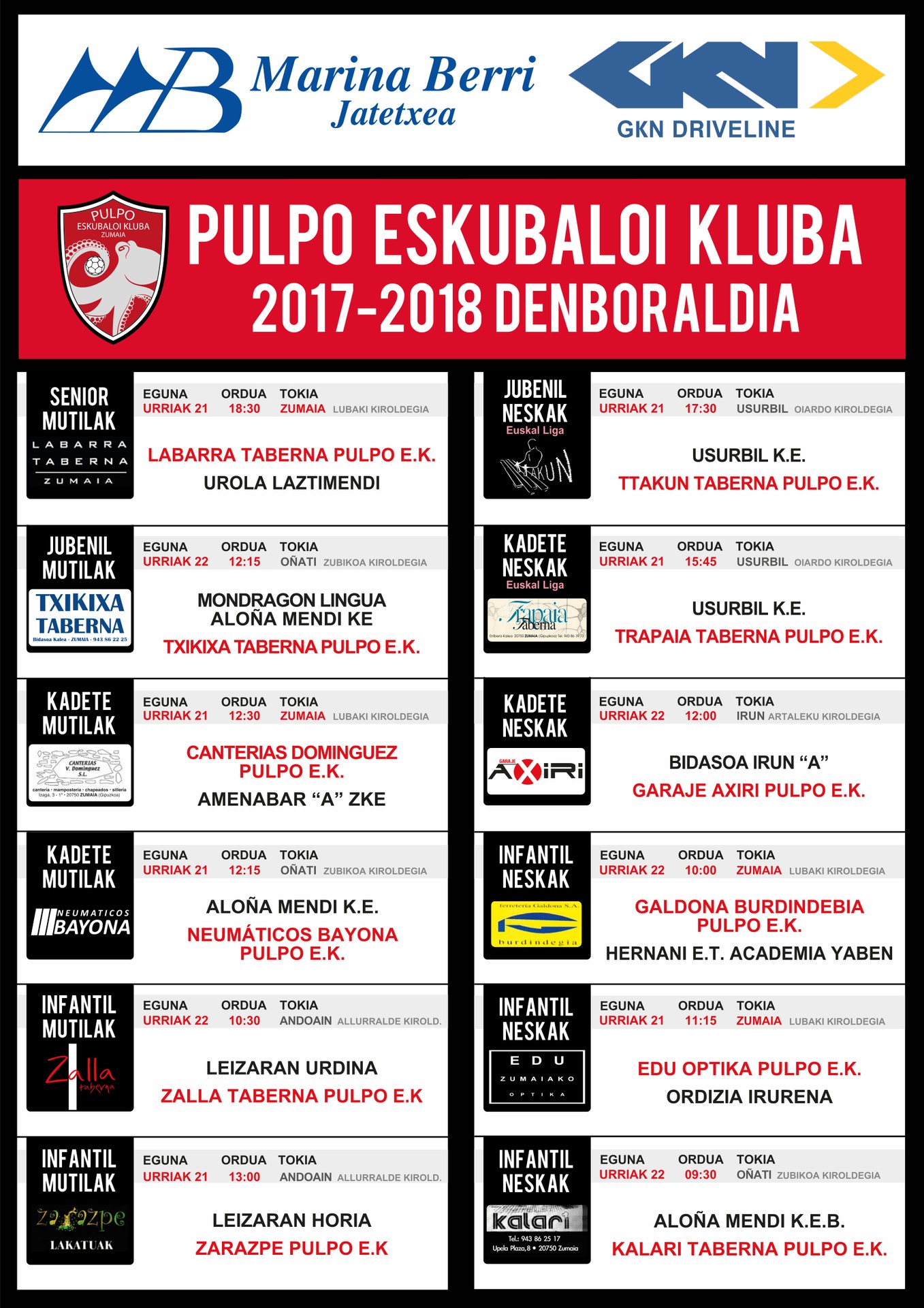 Pulpoko Eskubaloiko partiduen ordutegia