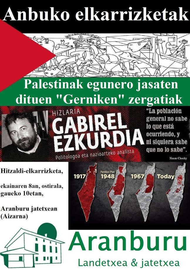 Palestinako egoeraren inguruko hitzaldia, ostiralean, Aizarnan