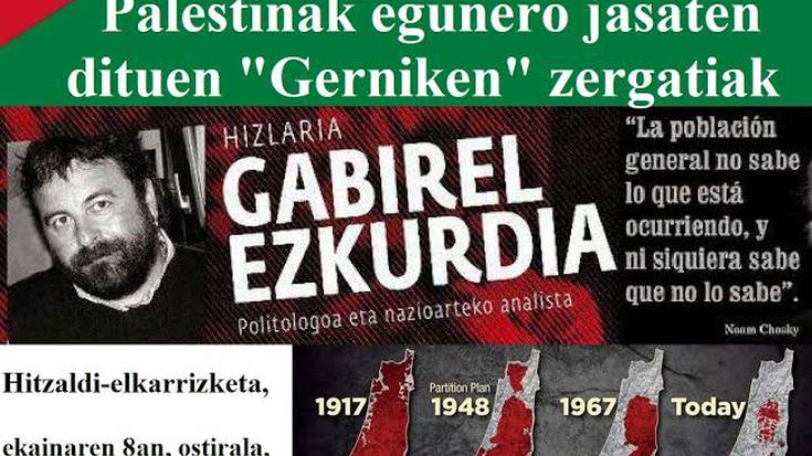 Palestinako egoeraren inguruko hitzaldia, ostiralean, Aizarnan