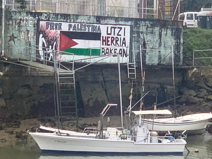 Palestinaren aldeko horma irudia margotu dute errioaren bestaldean