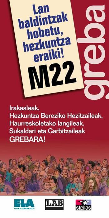 Hezkuntza publikoan biharko grebara deitu dute ELA, LAB eta Steilas sindikatuek