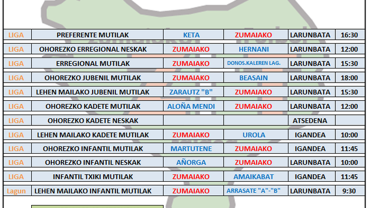 Asteburu honetako futbol partiden ordutegia