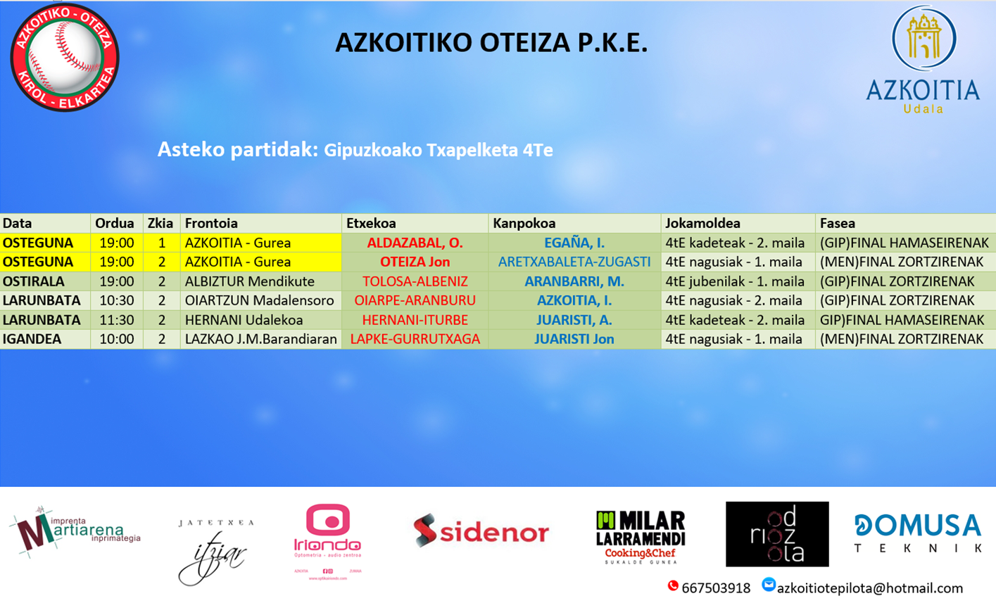 Aste honetako pilota partiden ordutegiak