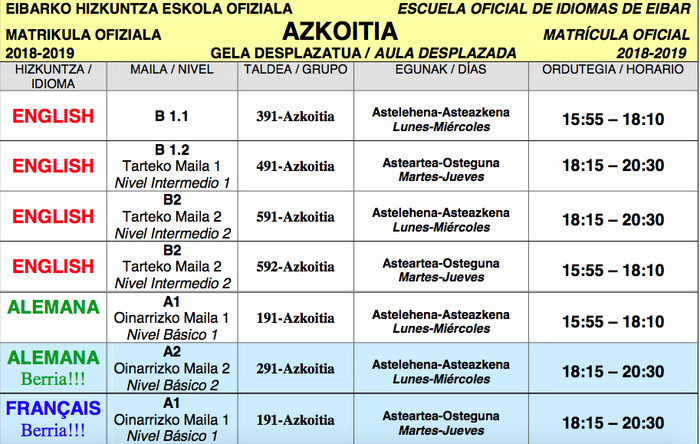Zabalik da Azkoitiko Hizkuntza Eskola Ofizialean matrikulatzeko epea