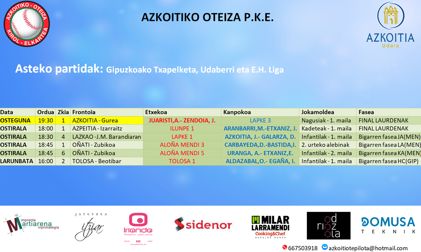 Aste honetako pilota partiden ordutegiak