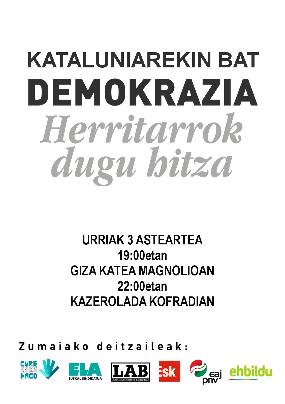 Giza katea eta kazerolada egitera deitu dute