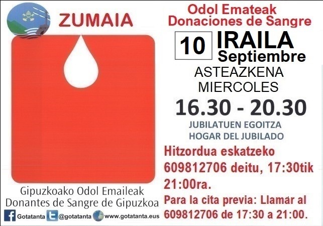 Irailaren 10ean odola emateko txandak telefonoz hartu daitezke