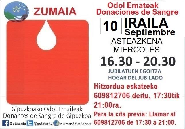 Irailaren 10ean odola emateko txandak telefonoz hartu daitezke