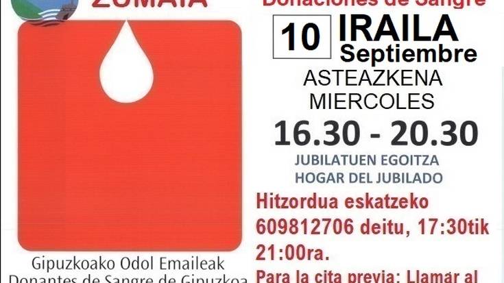 Irailaren 10ean odola emateko txandak telefonoz hartu daitezke