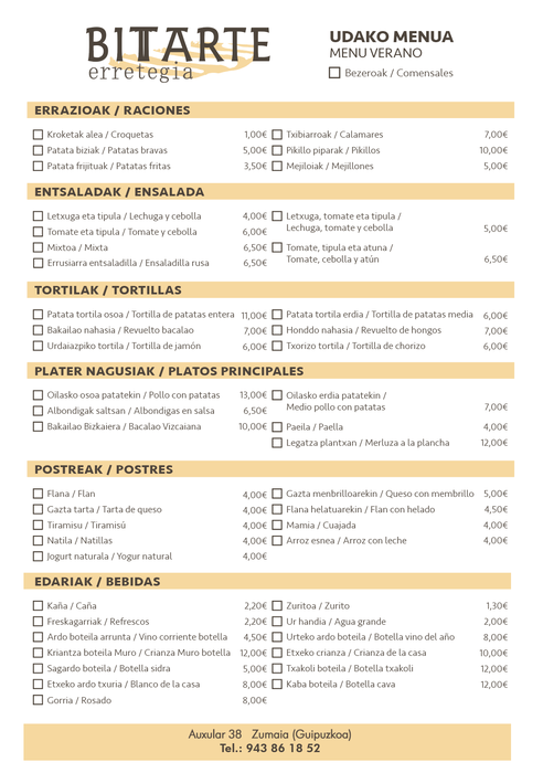 Udako menua prestatu du Bittarte erretegiak