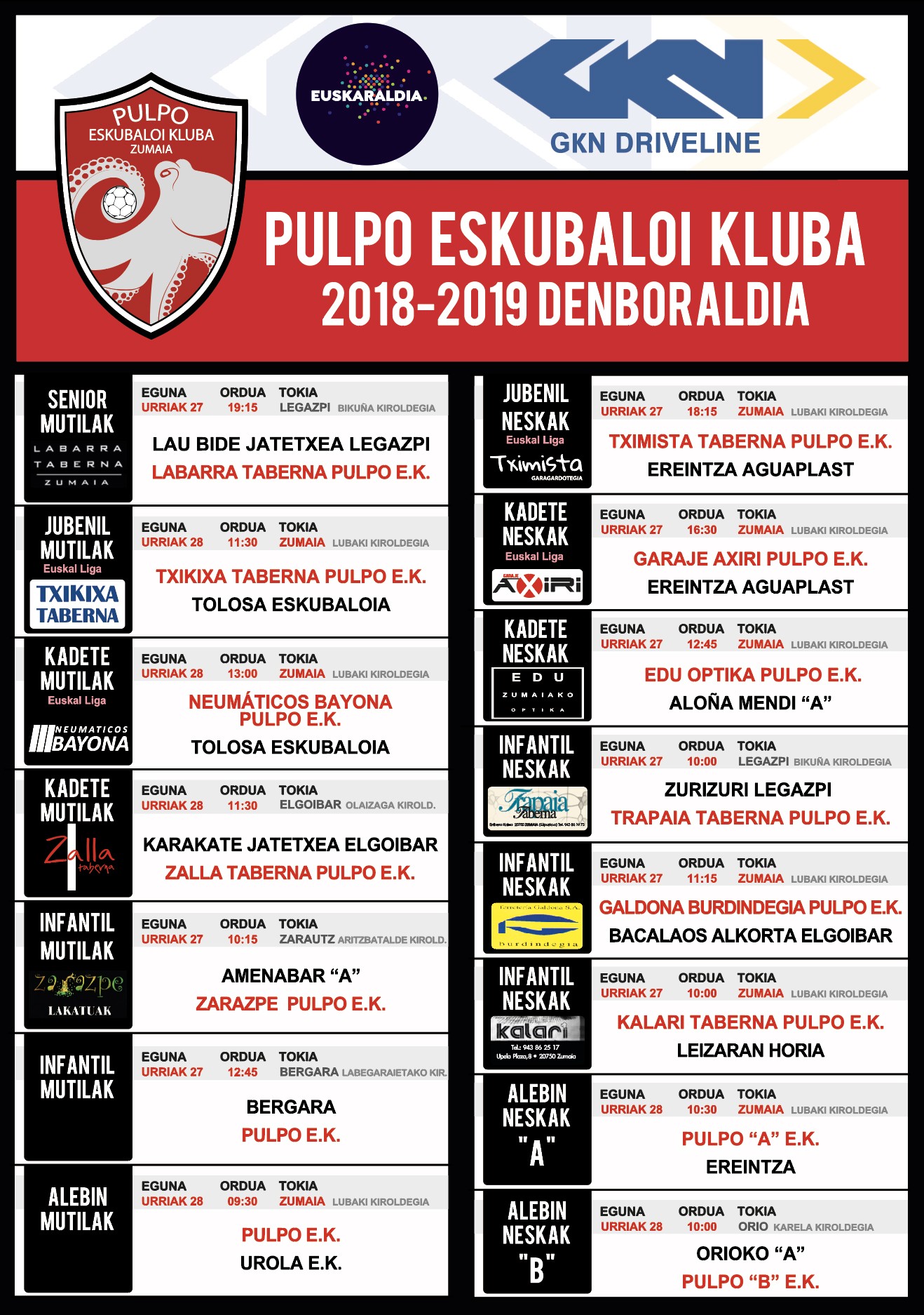 Pulpo Eskubaloiko partiduen ordutegia