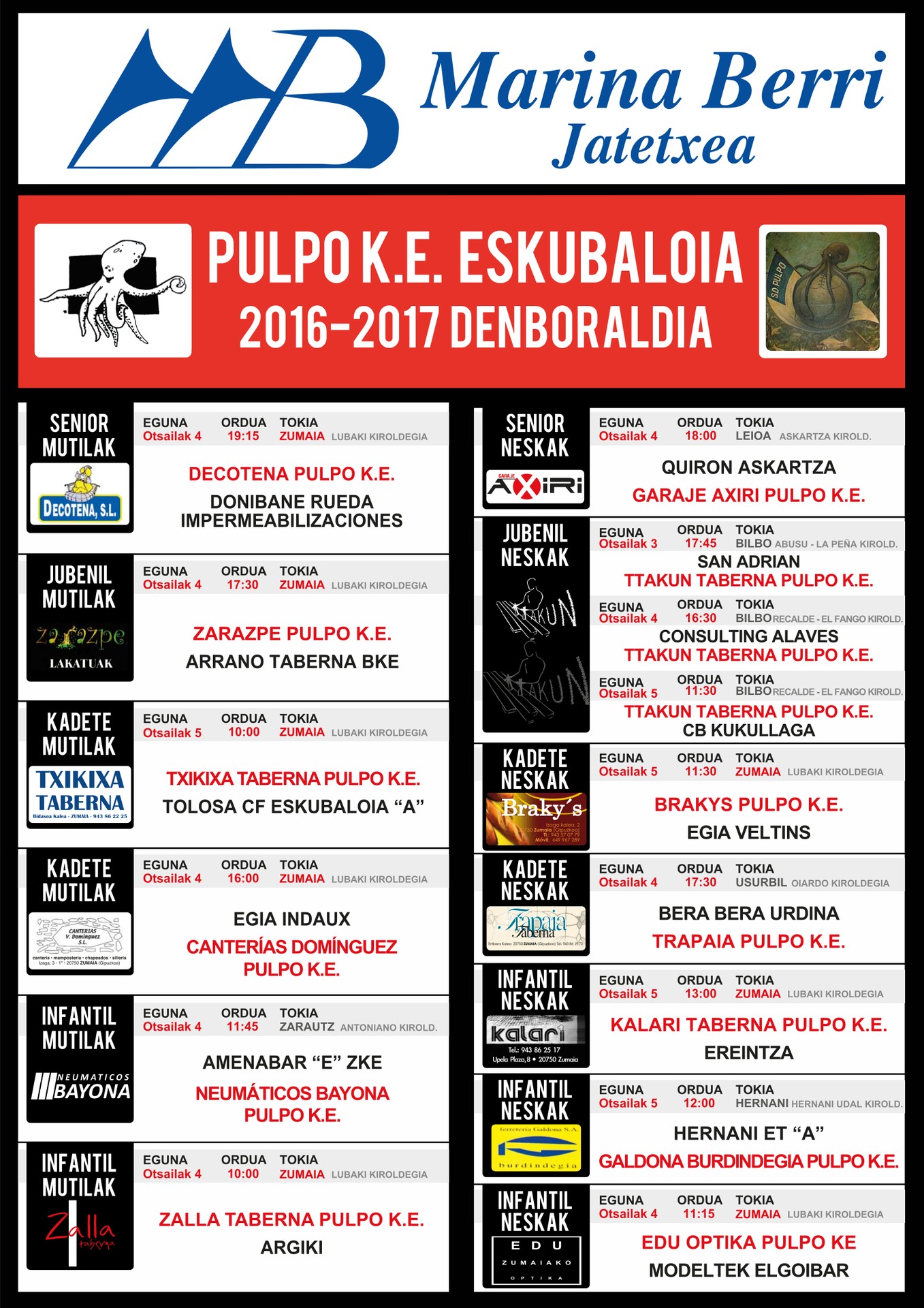Aste bukaera erabakiorra Pulpoko Jubenil neska eta Kadete neska/mutilentzat