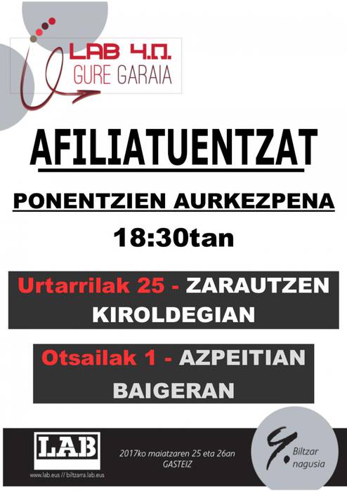 Afiliatuentzat ponentzien aurkezpenak egingo dituzte Zarautzen eta Azpeitian