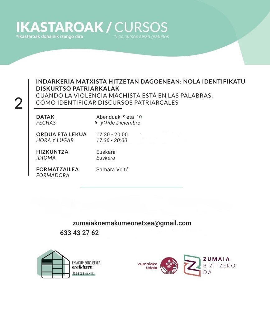 Diskurtso patriarkalak identifikatzeko ikastaroa, asteazkenean eta ostegunean