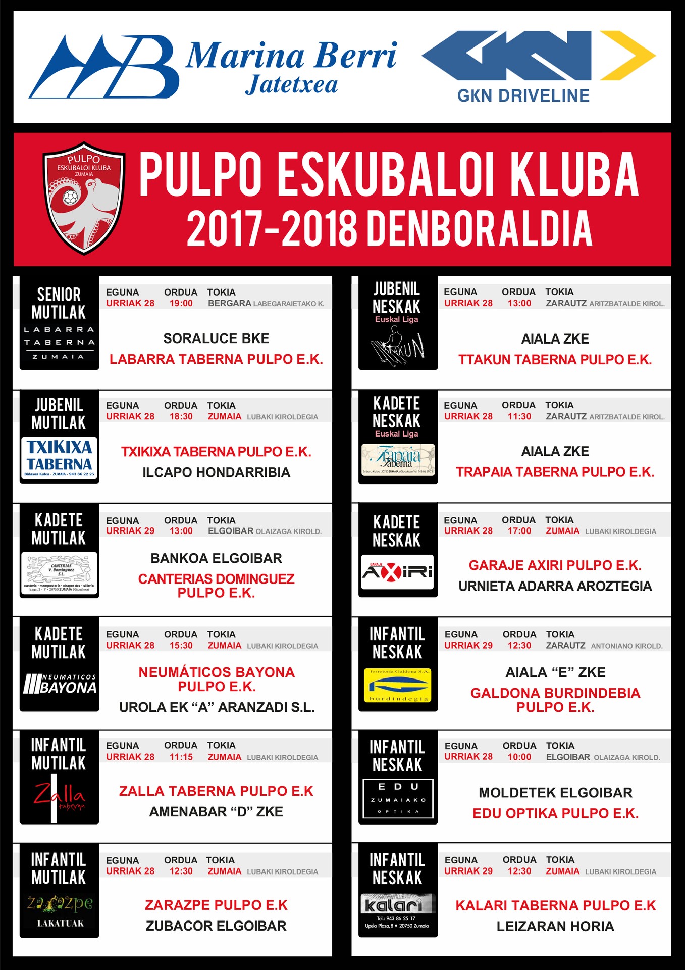 Pulpoko Eskubaloiko partiduen ordutegia