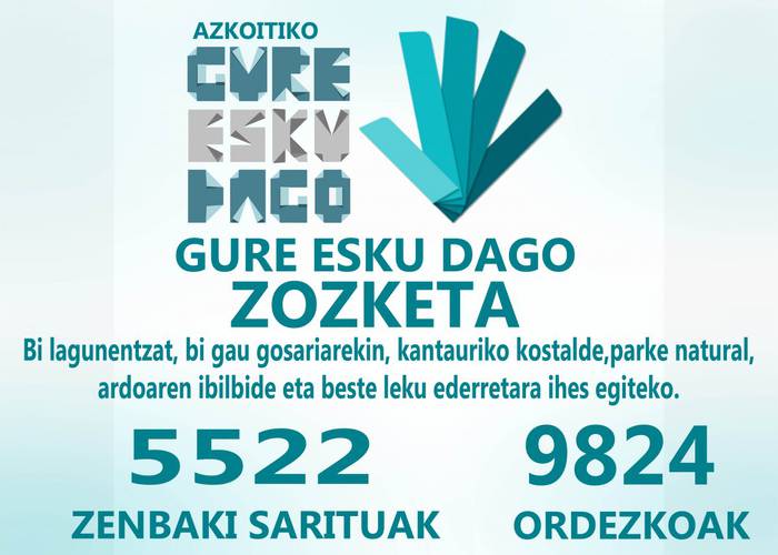 5522 da Azkoitiko Gure Esku Dagok egindako zozketaren zenbaki saritua