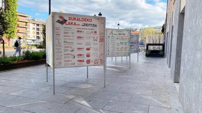 Zientzia Kalean egitasmoari lotutako infografia panelak eliz atarian ikus daitezke