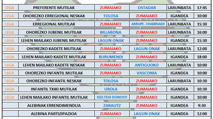 Asteburu honetako futbol partiden ordutegia