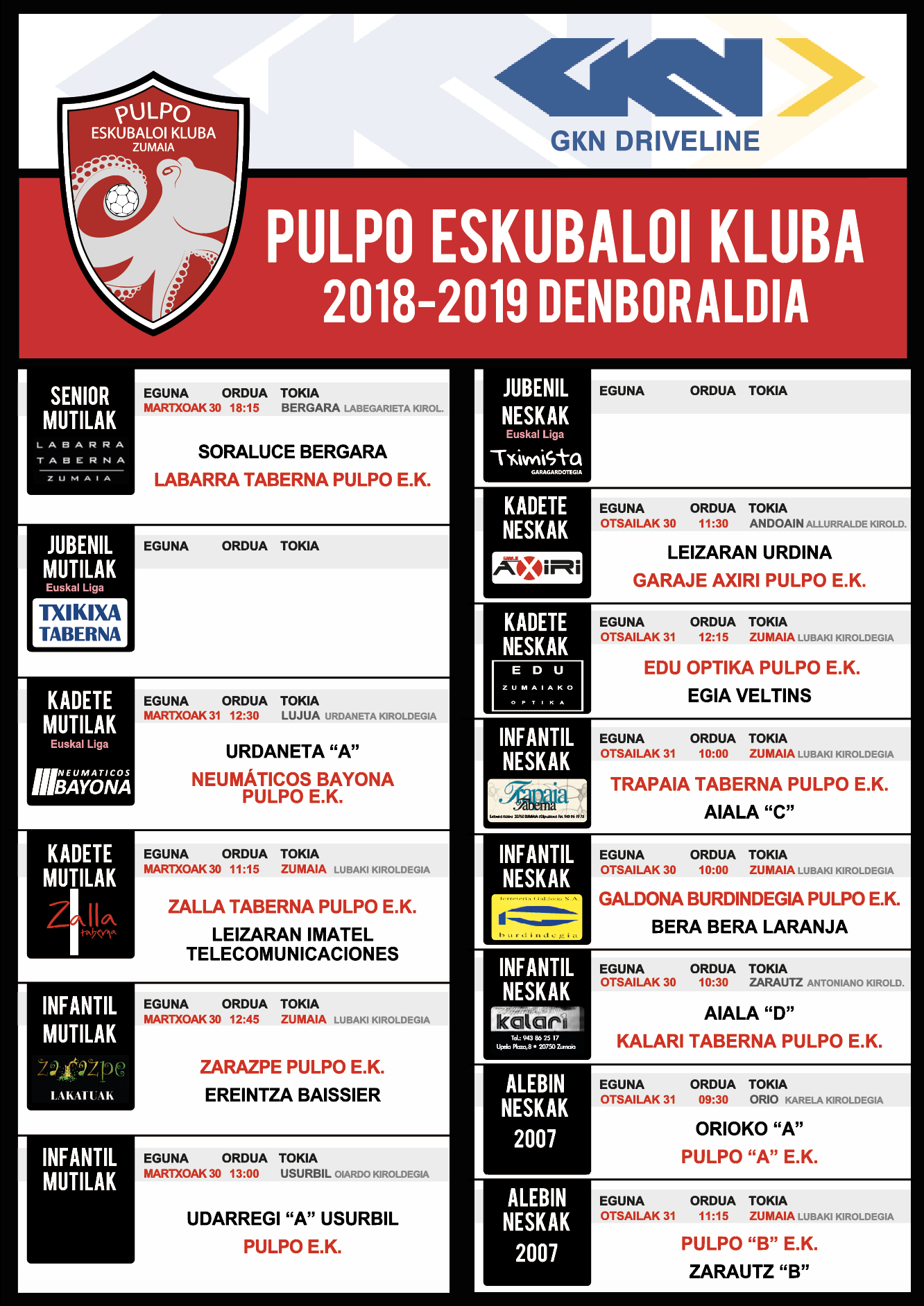 Pulpo Eskubaloiko partiduen ordutegia
