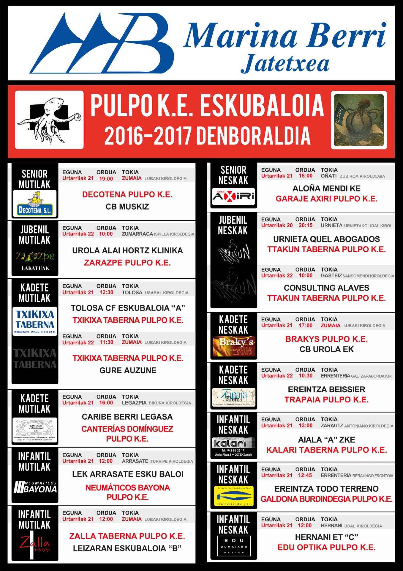 Pulpo Eskubaloiko partiduen ordutegia