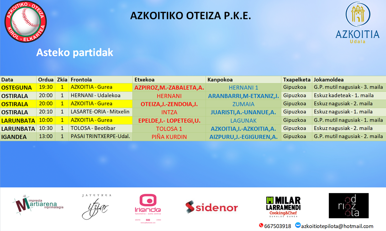 Aste honetako pilota partiden ordutegia