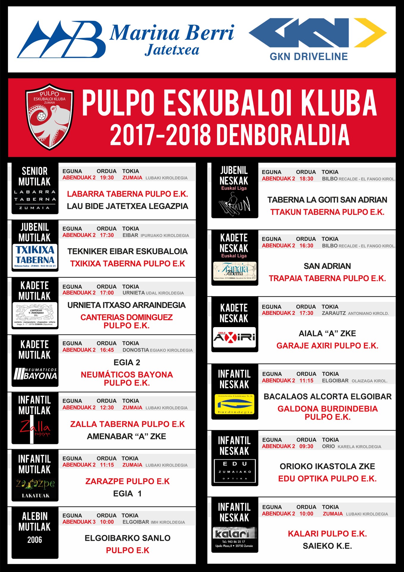 Pulpoko Eskubaloiko partiduen ordutegia